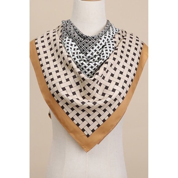 NEW Khaki Tan Black Basketweave Checkered Printed Square Silky Scarf Wrap - Picture 1 of 5